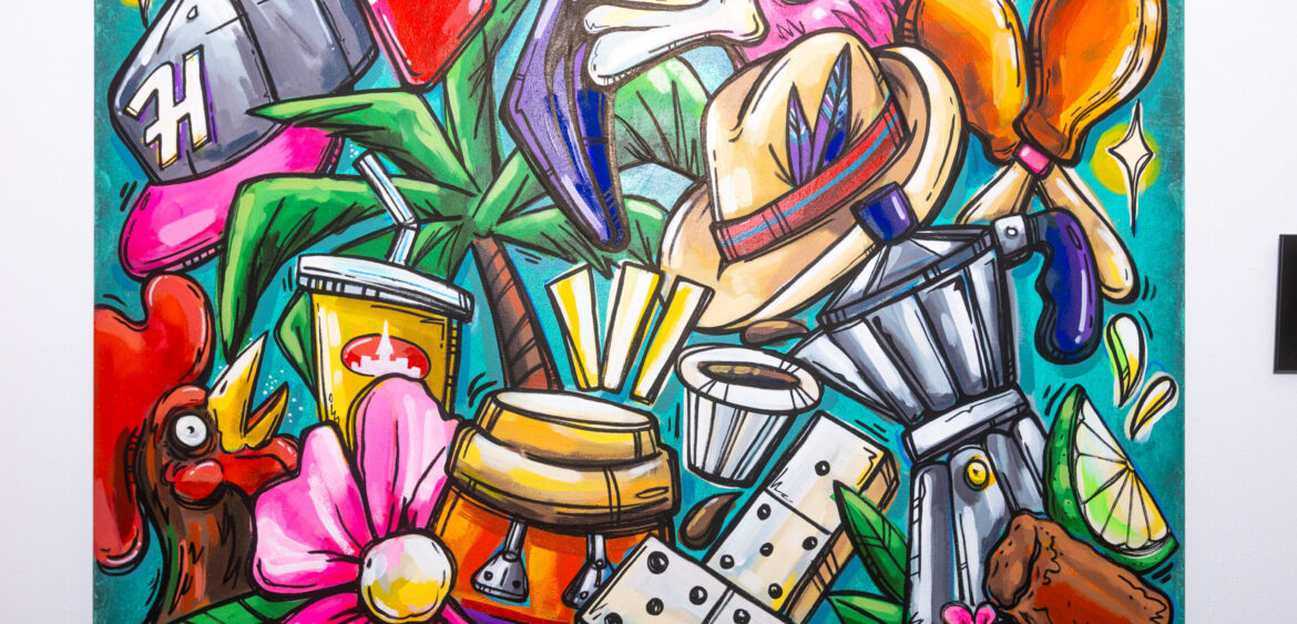 Photographs from the opening night of Carlos Solano’s solo exhibition “An Experience of Us” at WYN317 Gallery in Miami, moving from artwork on the walls and guests in conversation to a salsa jam at Toejam Backlot, ending with Solano painting live.