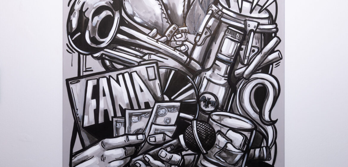 Photographs from the opening night of Carlos Solano’s solo exhibition “An Experience of Us” at WYN317 Gallery in Miami, moving from artwork on the walls and guests in conversation to a salsa jam at Toejam Backlot, ending with Solano painting live.