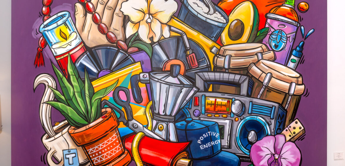 Photographs from the opening night of Carlos Solano’s solo exhibition “An Experience of Us” at WYN317 Gallery in Miami, moving from artwork on the walls and guests in conversation to a salsa jam at Toejam Backlot, ending with Solano painting live.