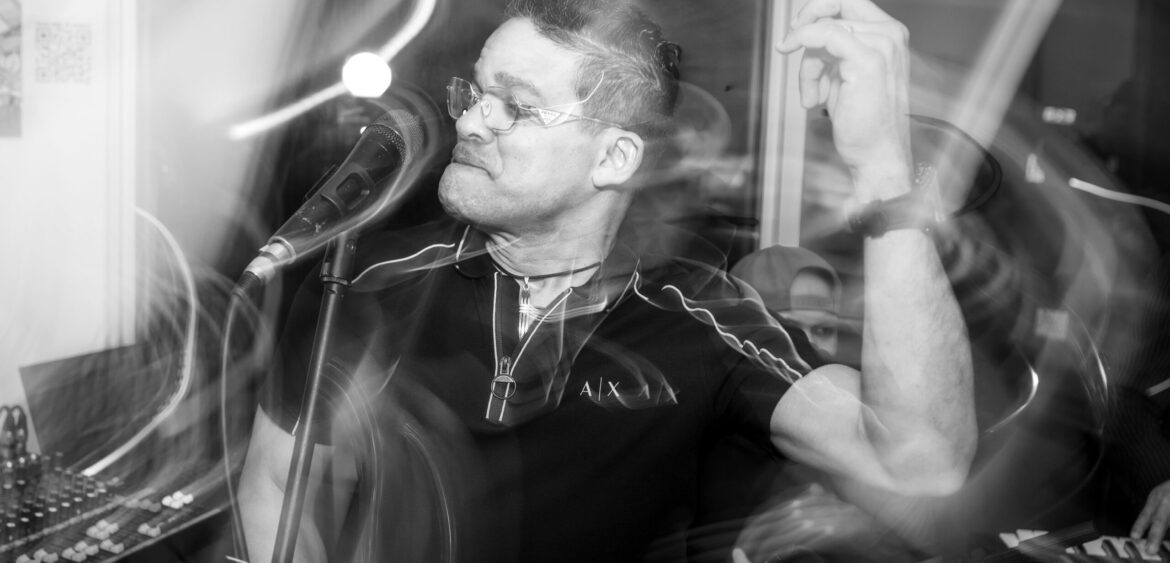 Photographs from the opening night of Carlos Solano’s solo exhibition “An Experience of Us” at WYN317 Gallery in Miami, moving from artwork on the walls and guests in conversation to a salsa jam at Toejam Backlot, ending with Solano painting live.