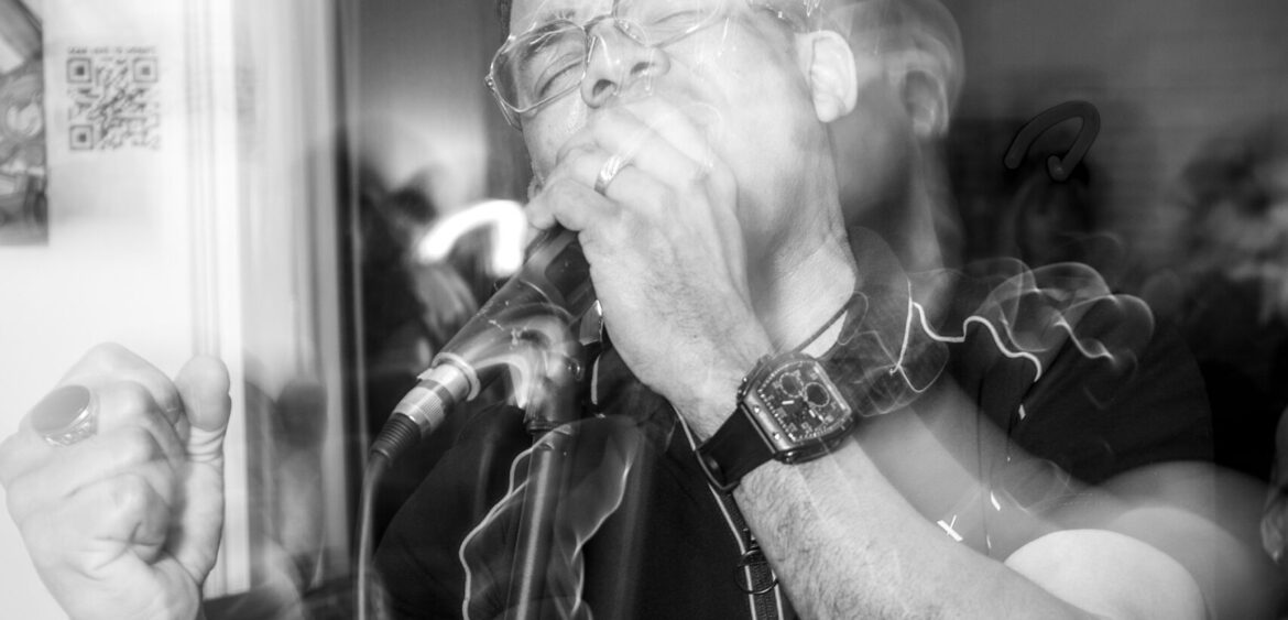 Photographs from the opening night of Carlos Solano’s solo exhibition “An Experience of Us” at WYN317 Gallery in Miami, moving from artwork on the walls and guests in conversation to a salsa jam at Toejam Backlot, ending with Solano painting live.