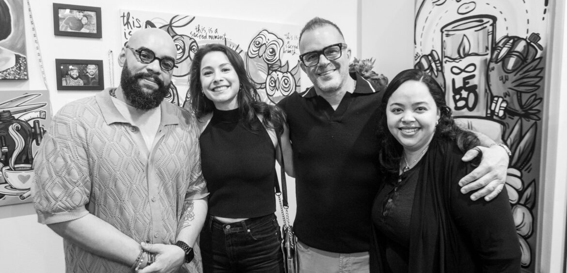 Photographs from the opening night of Carlos Solano’s solo exhibition “An Experience of Us” at WYN317 Gallery in Miami, moving from artwork on the walls and guests in conversation to a salsa jam at Toejam Backlot, ending with Solano painting live.