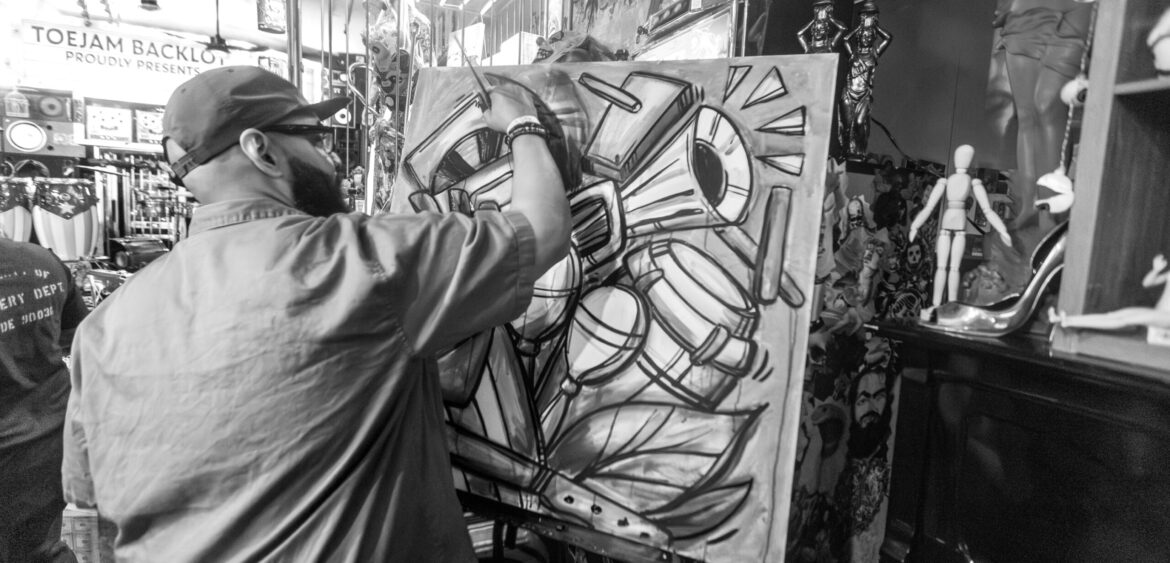 Photographs from the opening night of Carlos Solano’s solo exhibition “An Experience of Us” at WYN317 Gallery in Miami, moving from artwork on the walls and guests in conversation to a salsa jam at Toejam Backlot, ending with Solano painting live.